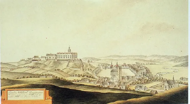 Zámek Náchod a město od západu, J. Venuto, akvarel z roku 1814 podle kresby z roku 1786 Zámek Náchod a město od západu, J. Venuto, akvarel z roku 1814 podle kresby z roku 1786