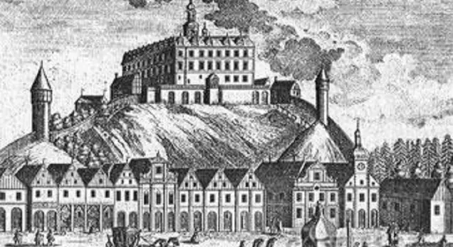 Zámek Náchod z náměstí, F.B. Wernher- J.J. Ringle, mědirytina kolem 1740 Zámek Náchod z náměstí, F.B. Wernher- J.J. Ringle, mědirytina kolem 1740